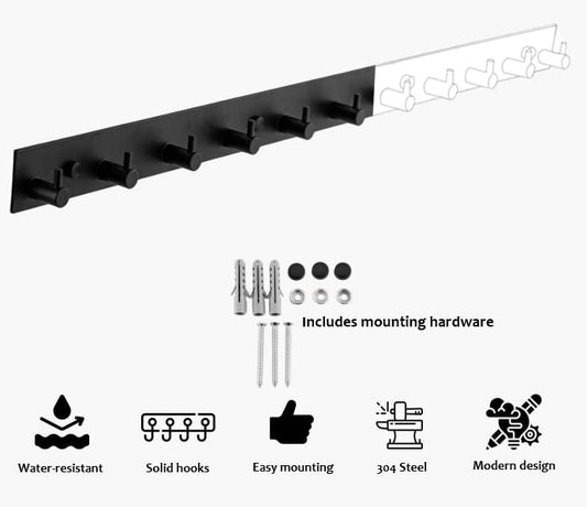 Brute Strength - Coat Rack - 11 Hooks - 74 cm - Stainless Steel - Door Hooks for Kitchen, Black Hook Rail, Wall Coat Rack, Bathroom, Living Room, and Hallway for Hats, Scarves, Handbags - Towel Hooks