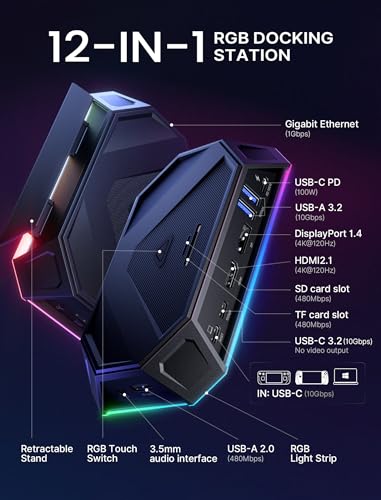 JSAUX RGB Docking Station for Steam Deck (OLED)/ROG Ally/Legion Go, 12-in-1 Steam Deck Dock Compatible with 4K@120Hz HDMI & DisplayPort Gigabit Ethernet USB-C 3.2 USB-A 3.2/2.0, SD/TF Slots-HB1201