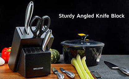 Knife block without knives, WELLSTAR Natural Wood Kitchen Knife Block without Knives – Hardwood Countertop Knife Storage with Built-In Knife Sharpener - Black