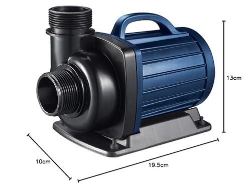 AquaForte DM 12,000 Low Voltage 12 Volt 90 Watt Pond Pump, flow rate 12,000 liters per hour, maximum head height 5.5 meters, automatic dry run protection, cable length 10 meters.