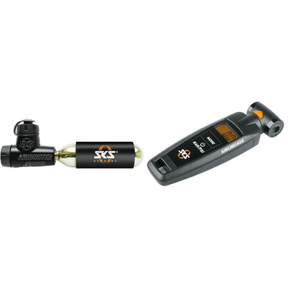 SKS GERMANY AIRBUSTER CO2 bike pump for competitions (CO2 inflator), black & AIRCHECKER (AV/SV) 2nd generation pressure gauge for bicycles, black