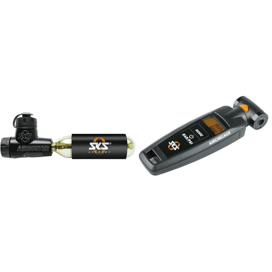 SKS GERMANY AIRBUSTER CO2 bike pump for competitions (CO2 inflator), black & AIRCHECKER (AV/SV) 2nd generation pressure gauge for bicycles, black