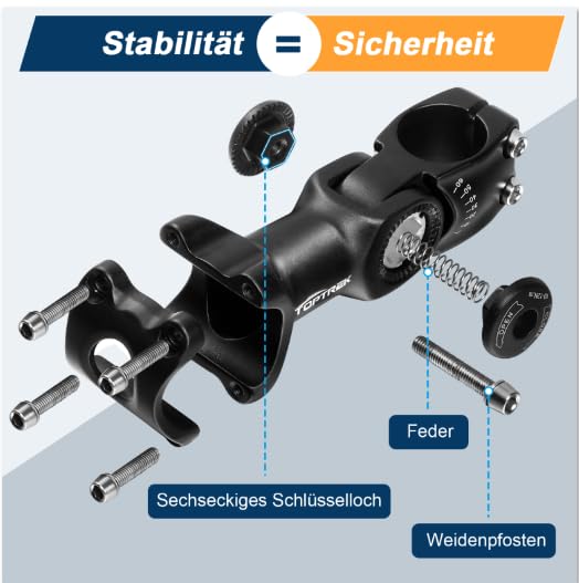 Toptrek bike handlebar stem, handlebar height increase for bike 31.8mm, 90mm bike handlebar aluminum, adjustable handlebar stem ±60° adjustable, bike handlebar rise hexagonal hole design for MTB, road bike.