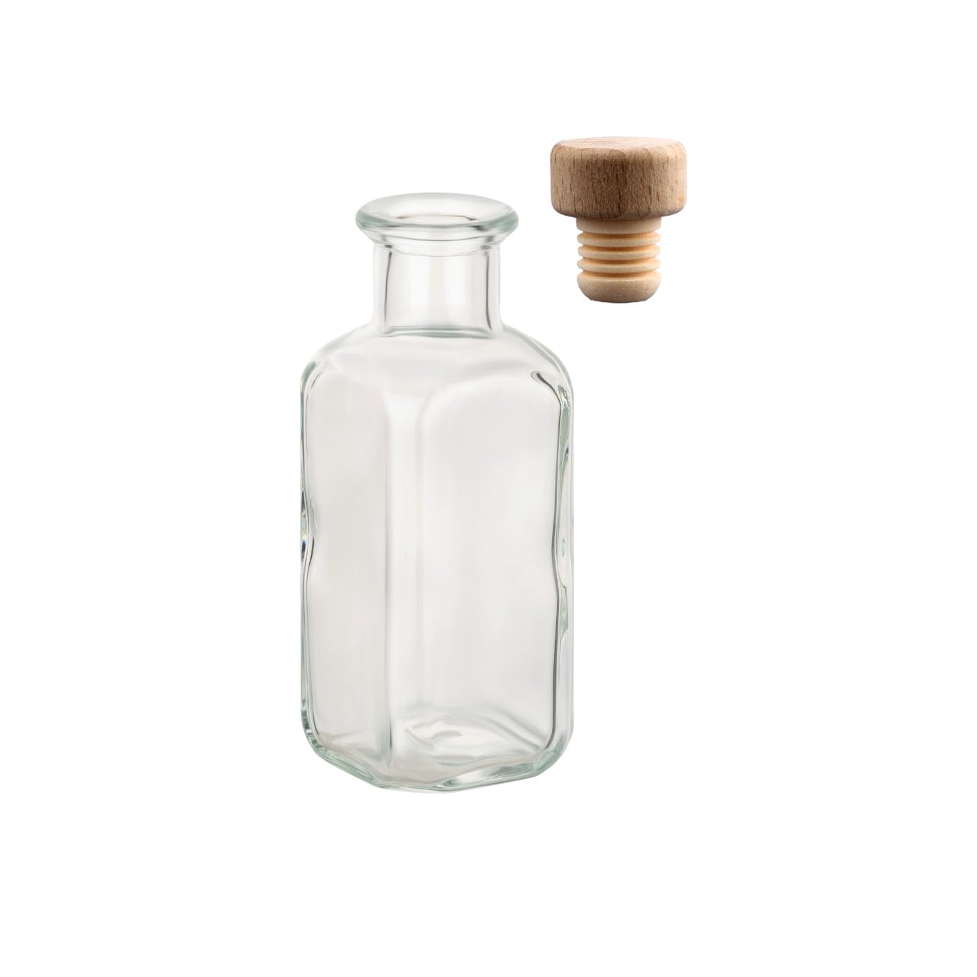 gouveo 24-pack glass bottles 100 ml apothecary design square with cork (HGK) - small 0.1 l glass bottle for liqueur, oil, vinegar, decoration (AFET100HGK)