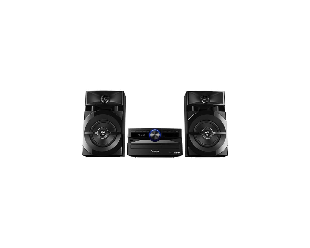 Panasonic Mini System, 300W, 2-way speakers, 13cm woofer, CD player, CD-R/RW, Bluetooth, USB, DAB/DAB+, 30 FM/15 AM RDS, AUX, audio quality, blue lighting, black DAB/DAB+ radio.