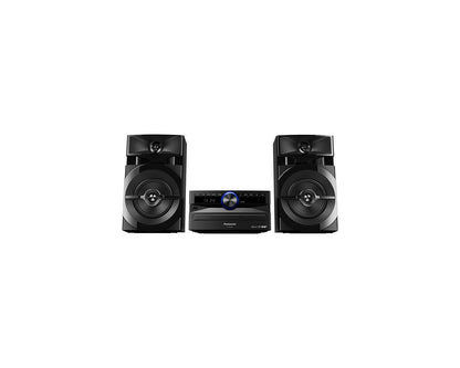 Panasonic Mini System, 300W, 2-way speakers, 13cm woofer, CD player, CD-R/RW, Bluetooth, USB, DAB/DAB+, 30 FM/15 AM RDS, AUX, audio quality, blue lighting, black DAB/DAB+ radio.