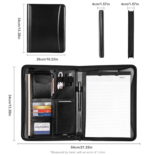 Leathario A4 conference folder, zippered padfolio, document organizer, portfolio, writing pad, black.