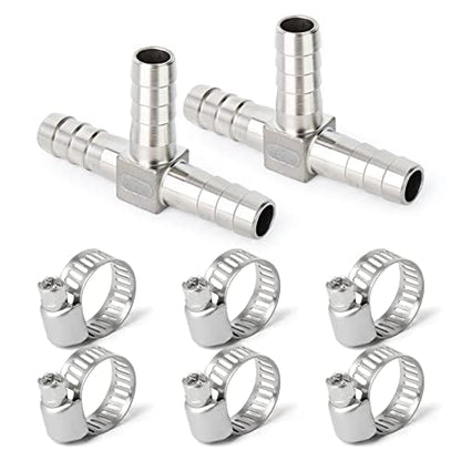 ERGAOBOY 2 pieces 6mm stainless steel hose barb T-piece 3-way T-shaped SUS 304 hose fitting with 6 clamps