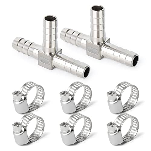 ERGAOBOY 2 pieces 6mm stainless steel hose barb T-piece 3-way T-shaped SUS 304 hose fitting with 6 clamps