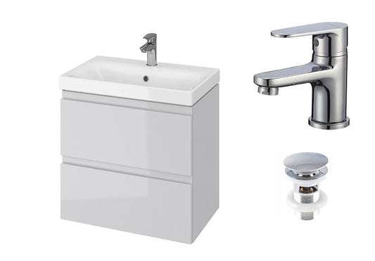 VBChome 24" Slim Grey Bathroom Furniture Set with Faucet and Pop-up Drain Basin with Vanity Cabinet Washbasin 2 Drawers Moduo Hanging Cabinet Click-clack