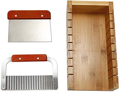 POFET Soap Cutter Set, wooden soap making mold tool, bread cutter, bar cutter with a straight and a wavy stainless steel blade