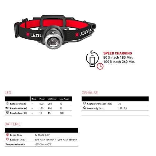 Ledlenser H8R headlamp with rechargeable lithium 18650 battery, 600 lumens, focusable, up to 120h runtime, red taillight, swiveling, USB charging cable.