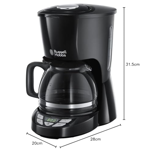 Russell Hobbs coffee maker with digital timer, shower head for optimal extraction & aroma. Textures+ (1 to 12 cups, 1.25l glass carafe, keep-warm plate, drip-stop) Filter coffee machine 22620-56.