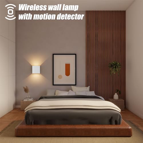 Aipsun 2 pcs LED battery wall light with motion sensor in white, wireless wall lamp with 5500mAh battery, 5W, glow on top and bottom, 2700K warm white, for indoor use.