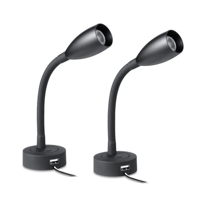 2 x LED Reading Lamp 12V RV Dimmable Flexible Gooseneck Wall Lamp Spot Eye-Care Bed Light Wall Mounted for Boat Caravan Camper Yacht, Built-in USB and Dimmer Switch Black