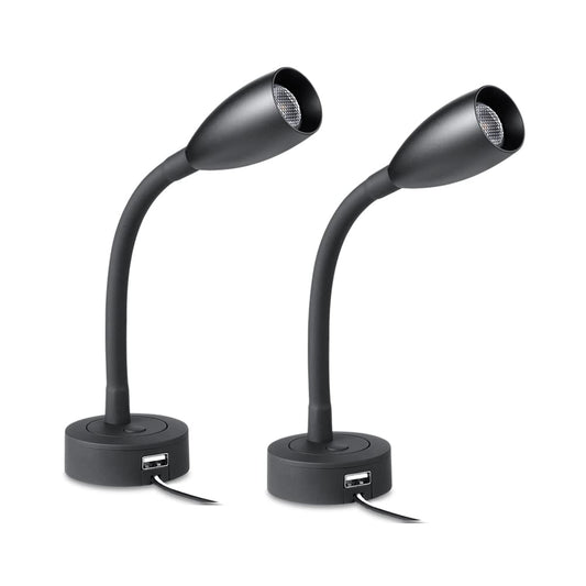 2 x LED Reading Lamp 12V RV Dimmable Flexible Gooseneck Wall Lamp Spot Eye-Care Bed Light Wall Mounted for Boat Caravan Camper Yacht, Built-in USB and Dimmer Switch Black