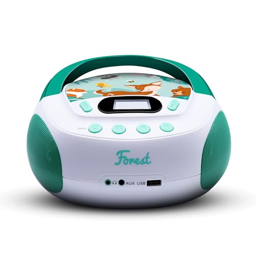 mooov 477147 CD player for kids with speakers, USB, headphone jack, AUX-IN port - Boombox CD player portable - AC or battery powered - Forest model - Green/White