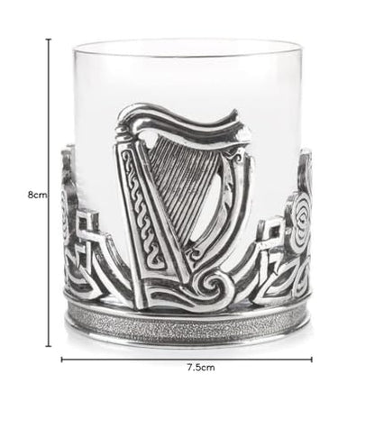 AE Williams whiskey glass with Irish Celtic shamrock and harp made of pewter.