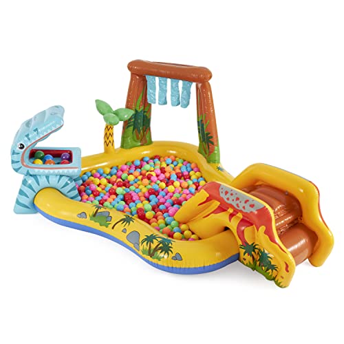 Intex Dinosaur Water Sprayer Play Center measuring 20 x 1.2 m, inflatable kids pool with colorful Fun Ballz, 100 pieces.