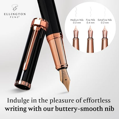 Ellington Pens luxury fountain pen set smooth, nib - includes refillable ink converter, 3 ink cartridges [Black and Blue], gift box - elegant calligraphy.