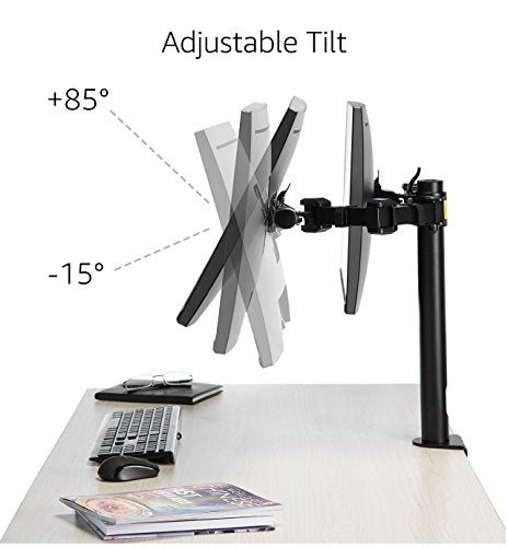Amazon Basics dual monitor stand with adjustable height, screen tilt, and cable organizer. 360-degree rotation, steel construction, black, 33 to 76 cm.