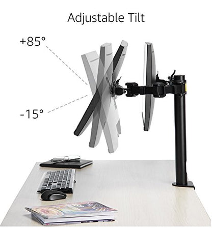 Amazon Basics dual monitor stand with adjustable height, screen tilt, and cable organizer. 360-degree rotation, steel construction, black, 33 to 76 cm.