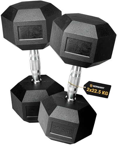 HQ Germany® Hexagon Dumbbells 22.5kg 2 pieces | Odorless, ±1.5% weight tolerance | 22.5kg dumbbell, 22.5kg dumbbell set, short dumbbell, 22.5kg dumbbell set, hexagon dumbbell set