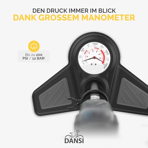 DANSI bicycle pump I floor pump suitable for all common valves including gauge & adapters I bike pump, air pump (Comfort)