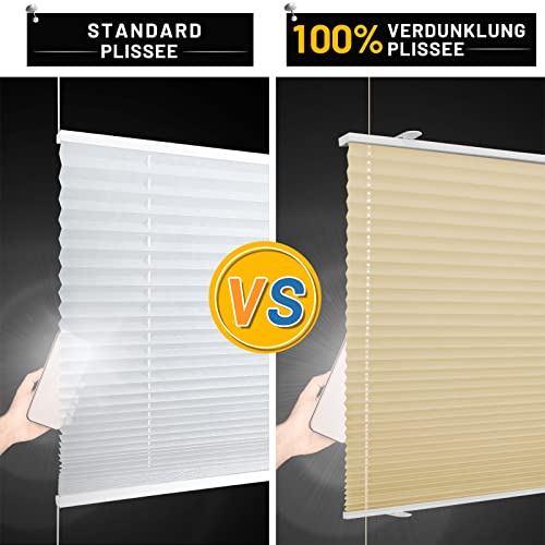 BelleMax pleated blind without drilling, thermal pleated roller blind with clamp fixation, light beige 45x140cm (WxH), blackout pleated blind 100% lightproof for windows, opaque privacy sun protection
