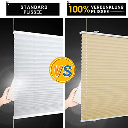 BelleMax pleated blind without drilling, thermal pleated roller blind with clamp fixation, light beige 45x140cm (WxH), blackout pleated blind 100% lightproof for windows, opaque privacy sun protection