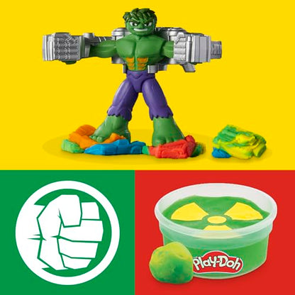 Play-Doh Marvel Hulk Smash & Squeeze Fun, action figure and 3 x 28g cans and 1 x 56g can, dough press and molds, creative fun for kids ages 3 and up.