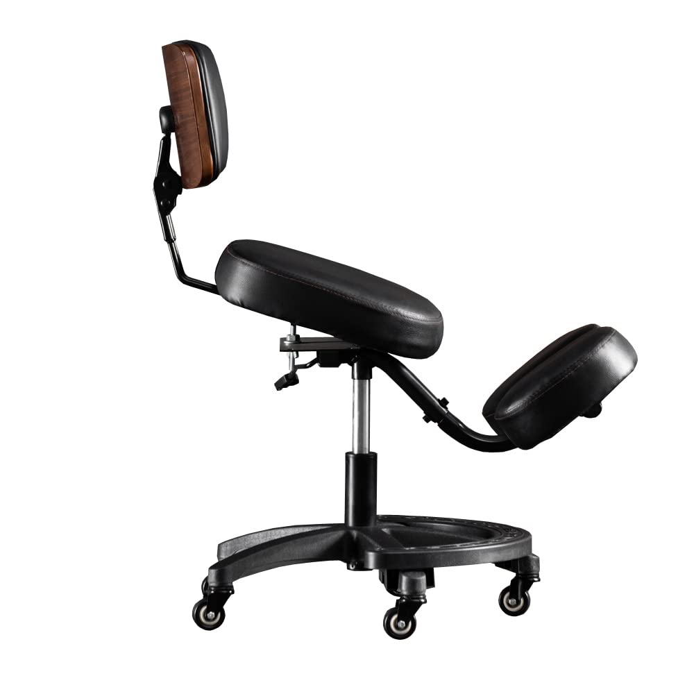 YOOTMEEN YDM-1458-2C ergonomic office kneeling chair with back support, adjustable height and angle, upright sitting position, thick comfortable cushions, black with walnut wood finish.