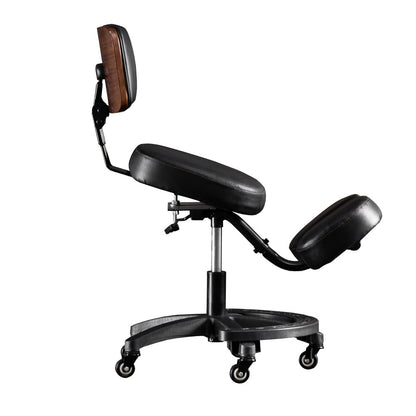 YOOTMEEN YDM-1458-2C ergonomic office kneeling chair with back support, adjustable height and angle, upright sitting position, thick comfortable cushions, black with walnut wood finish.