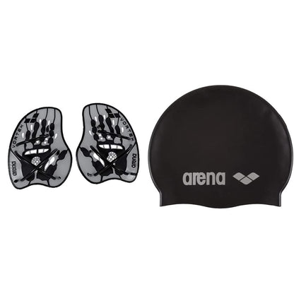 ARENA Unisex Competition Training Aid Hand Paddle Vortex, Silver-Black (15), M & Unisex Swim Cap Classic Silicone (Reinforced Edge, Soft), Black-Silver (55), One Size