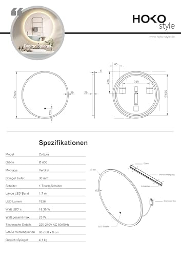 HOKO round 60cm LED bathroom mirror with touch switch+memory function+lighting change 2700-6500K warm white-cool white-neutral