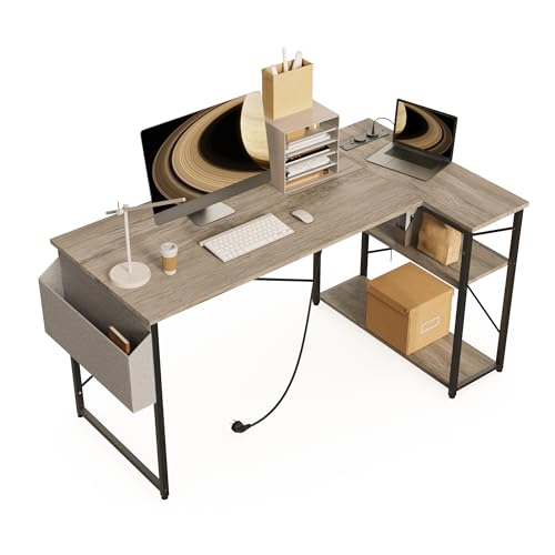 BEXEVUE corner desk with power strip - 120x70 cm. Ergonomic small L-shaped shelves, reversible PC corner desk computer desk, corner gaming table for study work at home bedroom.