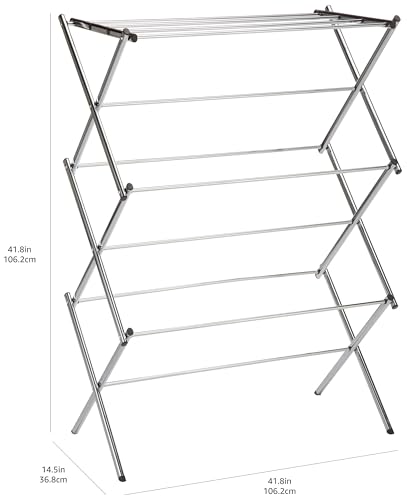 Amazon Basics Folding Clothes Drying Rack made of Alloy Steel for Indoor Use, Apparel, 74.9 x 36.8 x 106.2 cm (LXWXH), Chrome