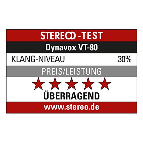Dynavox VT-80 stereo compact amplifier in black, screwable connection terminals for 4 speakers, remote control functions only for digital inputs (USB, SD card), integrated BT antenna.