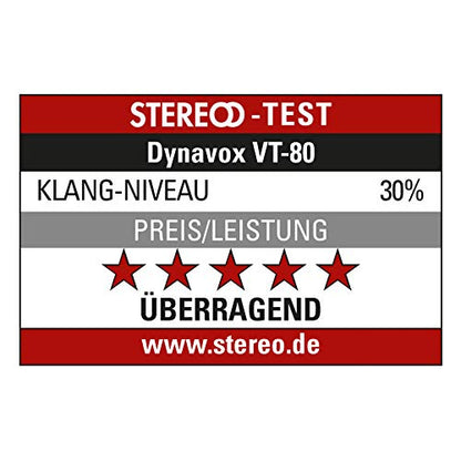Dynavox VT-80 stereo compact amplifier in black, screwable connection terminals for 4 speakers, remote control functions only for digital inputs (USB, SD card), integrated BT antenna.