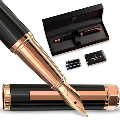 Ellington Pens luxury fountain pen set smooth, nib - includes refillable ink converter, 3 ink cartridges [Black and Blue], gift box - elegant calligraphy.