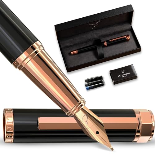 Ellington Pens luxury fountain pen set smooth, nib - includes refillable ink converter, 3 ink cartridges [Black and Blue], gift box - elegant calligraphy.