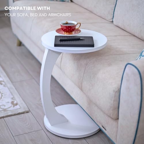 Luxora® side table in C shape with wheels, round coffee table in white, small side table, usable as a coffee table, telephone table, bedside table, laptop table, and coffee table (White)