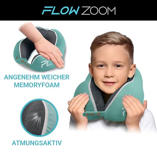 FLOWZOOM Kids Neck Pillow for Home Reading - Travel Pillow made of Memory Foam with extra soft pillowcase for kids aged 6+ - Comfy Kids Turquoise