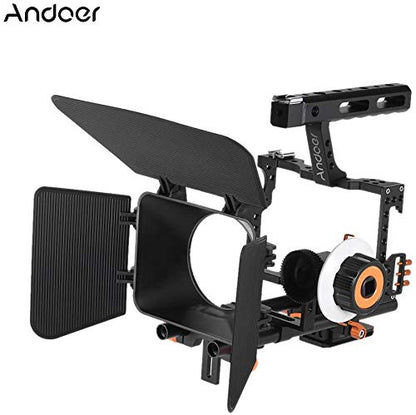 Andoer C500 Camera Rig Aluminum Alloy Kit with Camera Cage, Matte Box, Follow Focus, Hand Grip, 15mm Rod for Panasonic GH4. Camera recorder video cage rig installation set for film.