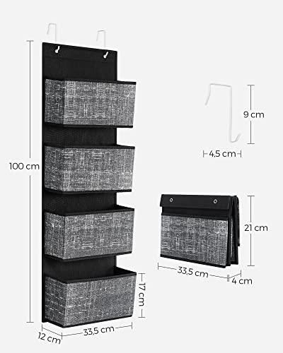 SONGMICS Overdoor Hanging Organizer, Hanging Storage, Hanging Shelf with 4 Pockets, for Door, Bedroom, Office, Closet, 33.5 x 12 x 100 cm, Black Melange RDH004B11