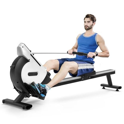 Neezee rowing machine with 16-level magnetic resistance, super silent rowing machine with LCD display, aluminum slide rail and tablet holder, improved rowing machine for home, silver.