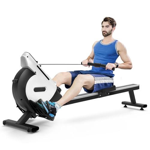 Neezee rowing machine with 16-level magnetic resistance, super silent rowing machine with LCD display, aluminum slide rail and tablet holder, improved rowing machine for home, silver.