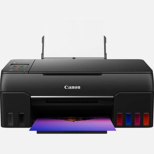 Canon PIXMA G650 MegaTank printer. Inkjet printer with scanner and copier functions. 4,800 x 1,200 dpi resolution, photo printing up to 4x6 inches. Features a LCD display, WLAN, wireless printing, and auto power on/off. Color: black.