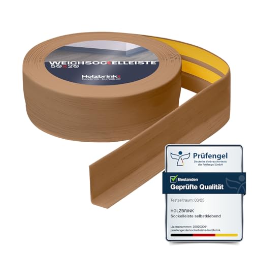 WOODBRINK soft skirting board self-adhesive PVC 50x20mm, 25 m | Angle strip for kitchen worktop, flooring | Self-adhesive corner strip | Color: Light Oak