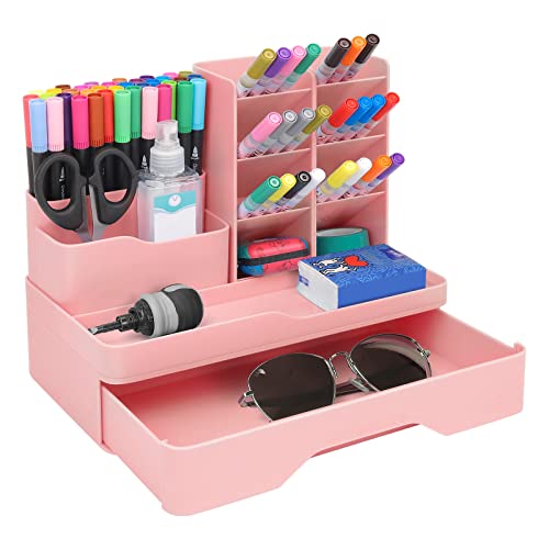 Desk organizer with drawer, 5-piece set, plastic, multifunctional, pen holder for kids, office, home, in pink color.